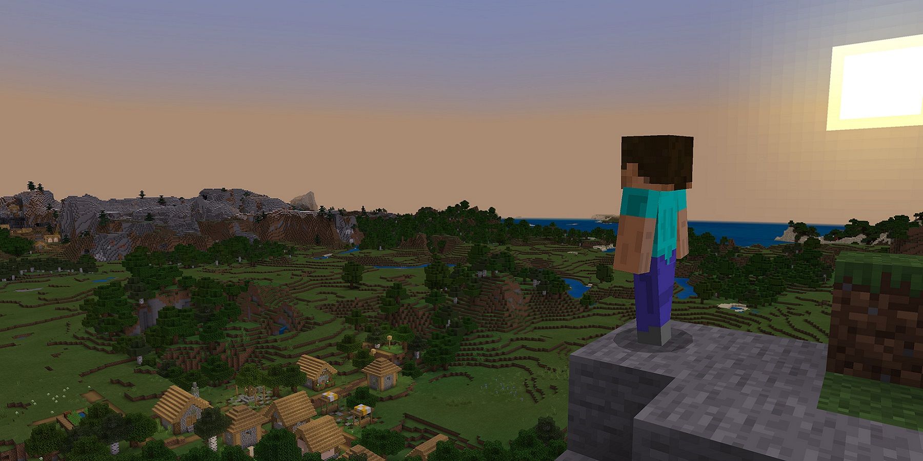 Image de Minecraft montrant Minecraft Steve regardant à l'horizon.