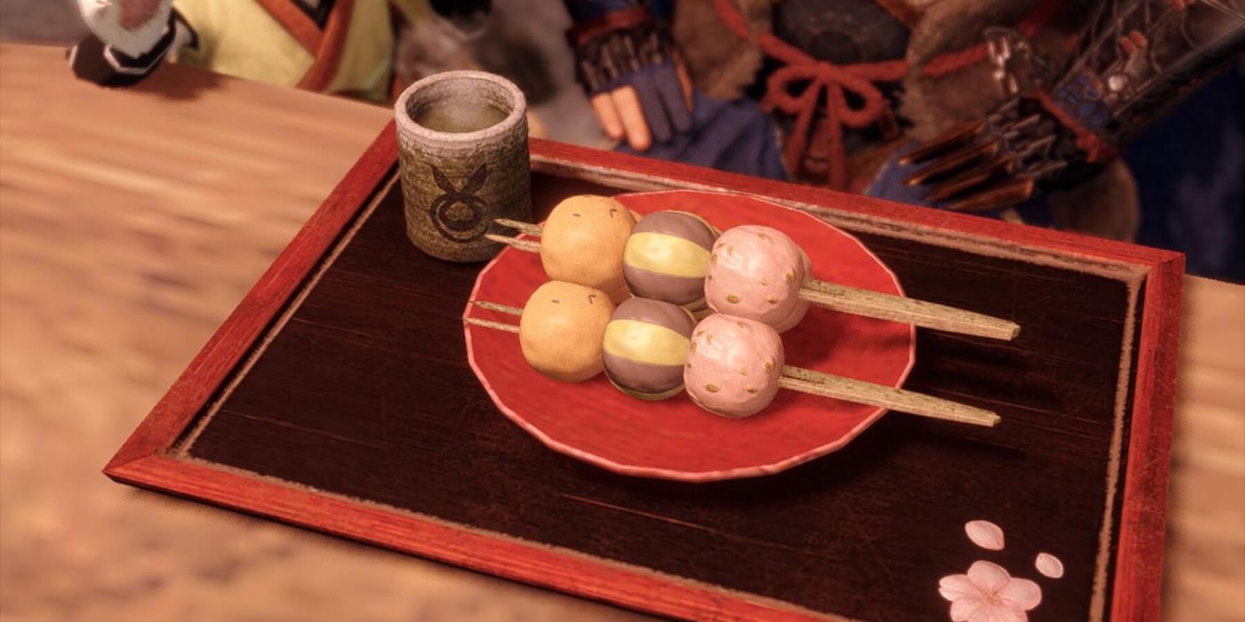 assiette de dango montée de chasseur de monstres