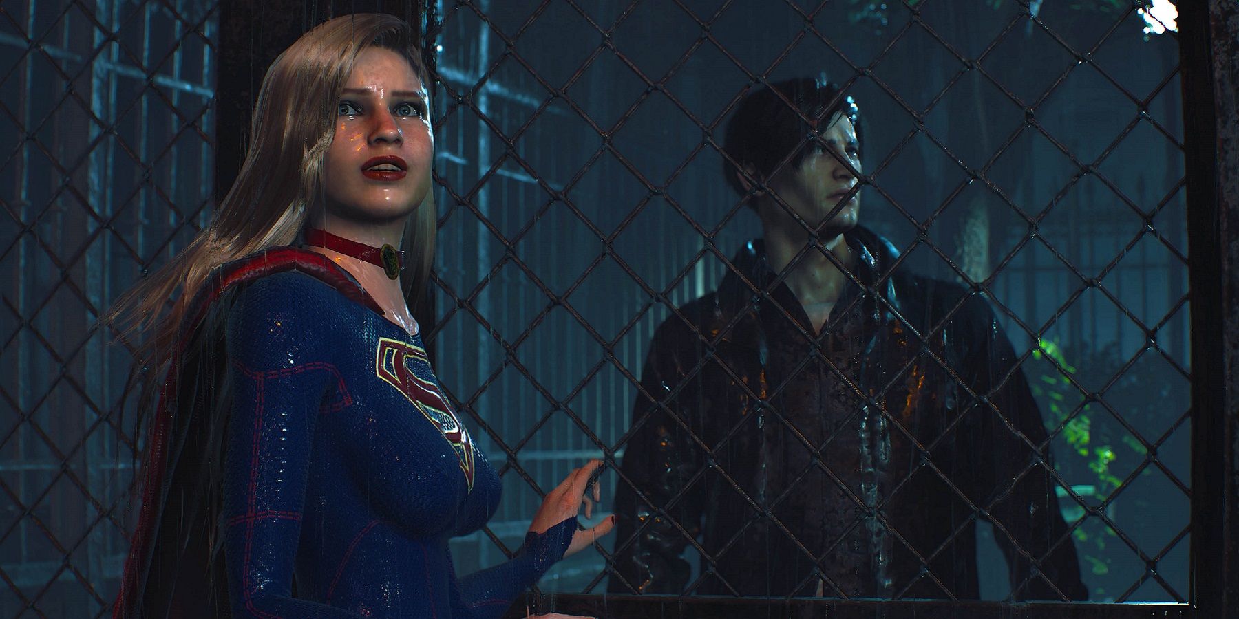 Capture d'écran de Resident Evil 2 Remake montrant Leon Kennedy et Supergirl.