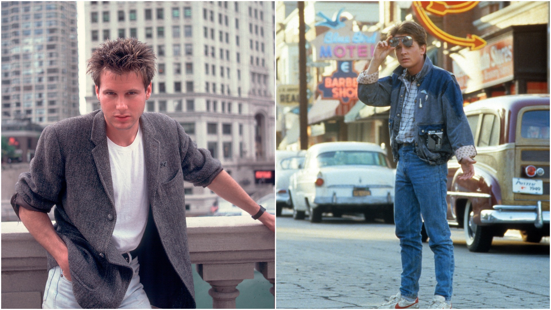 Corey Hart pose pour une photo promotionnelle en 1984. Michael J. Fox tire les lunettes de soleil au-dessus de ses yeux dans un cliché de 