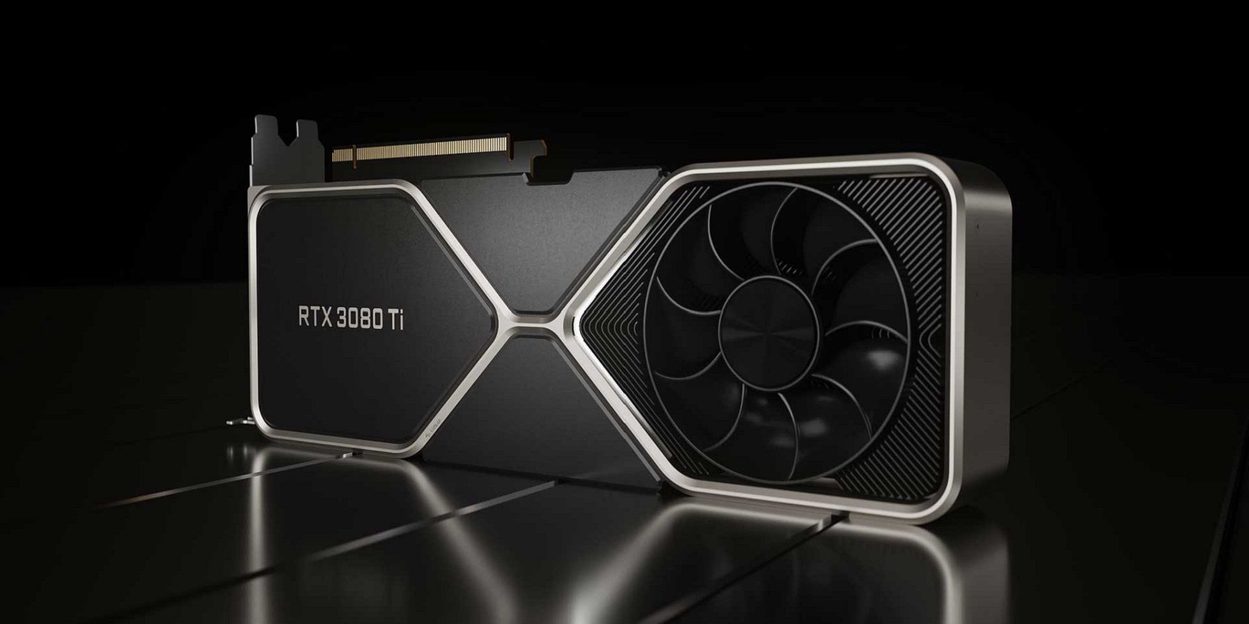 Image d'une carte graphique Nvidia RTX 3080 Ti sur fond noir.