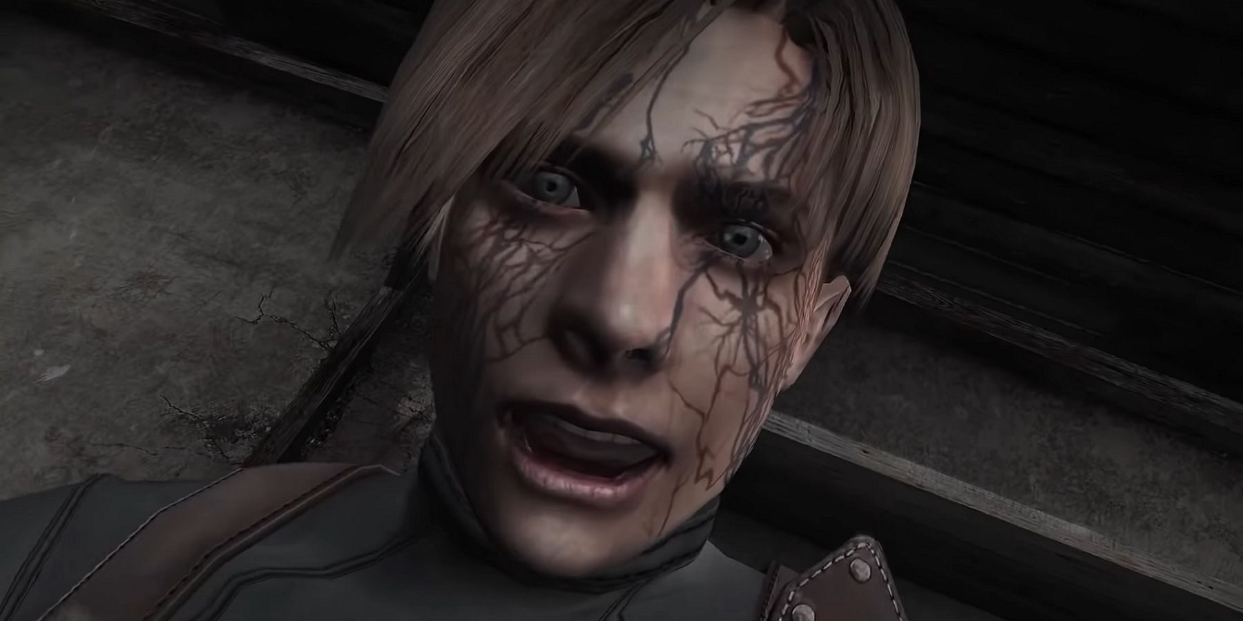 Image de Resident Evil 4 montrant un gros plan du visage infecté de Leon.