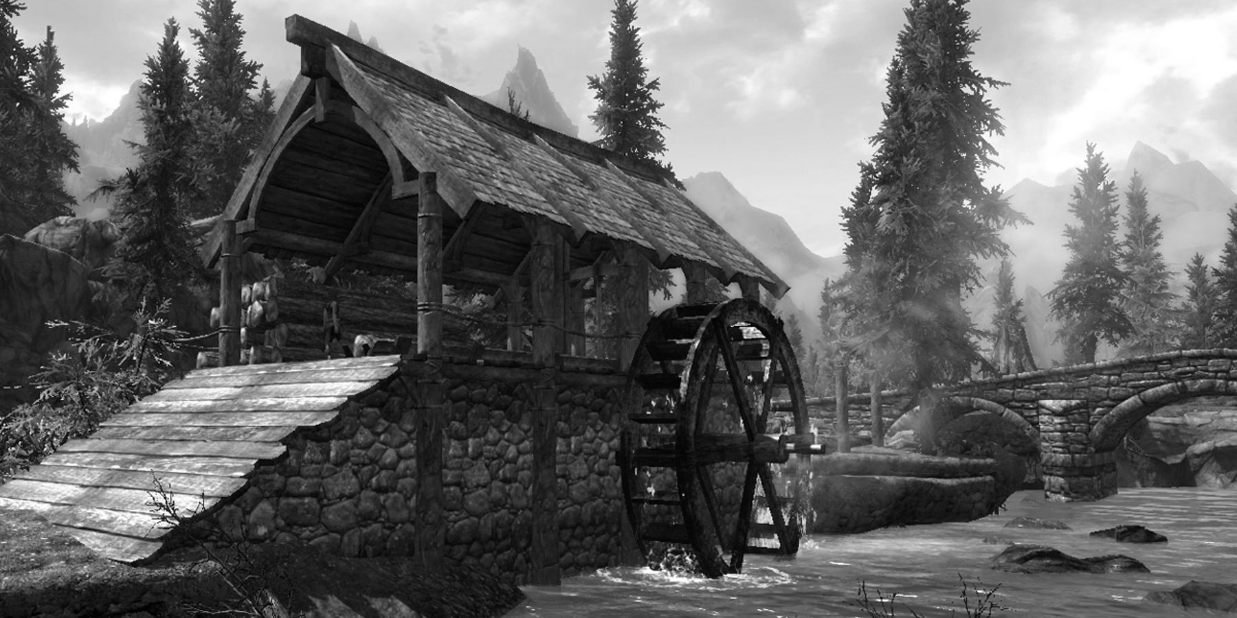 skyrim morthal moulin à eau noir et blanc