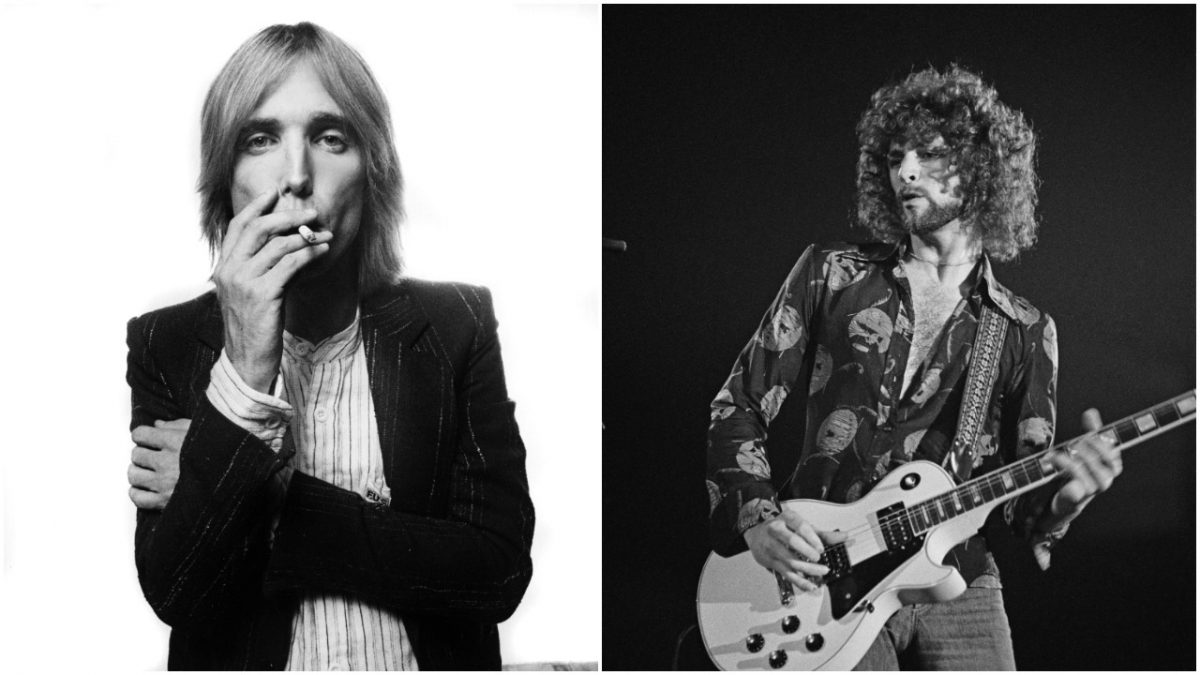 Une photo de Tom Petty fumant une cigarette sur un fond blanc. Lindsey Buckingham tient une guitare sur fond noir.