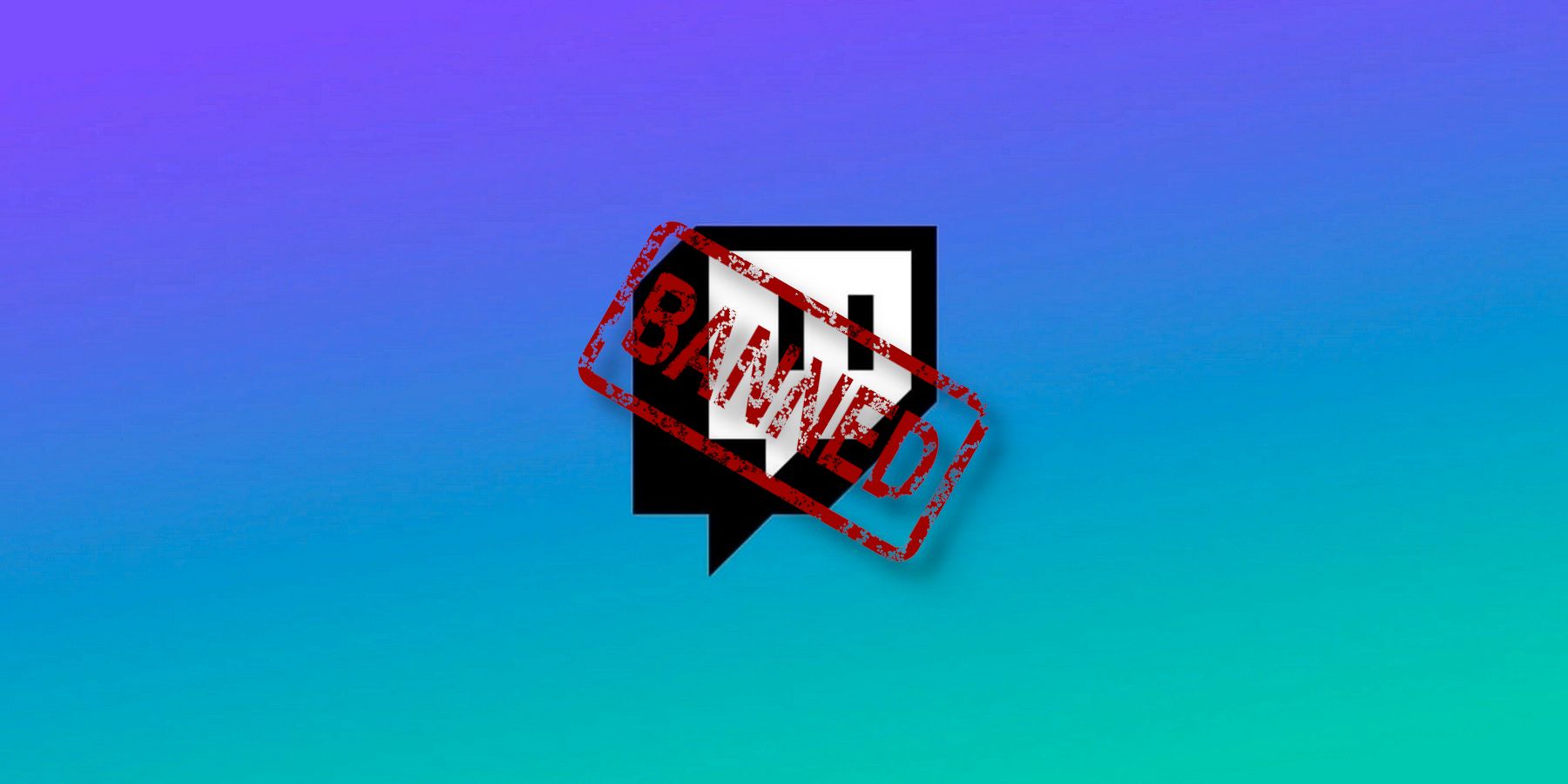 Logo Twitch sur fond violet et bleu sarcelle, avec un tampon interdit sur ledit logo.