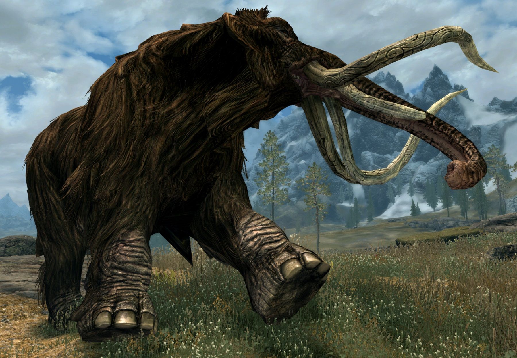 Image de The Elder Scrolls 5: Skyrim montrant un mammouth en résolution 4K.