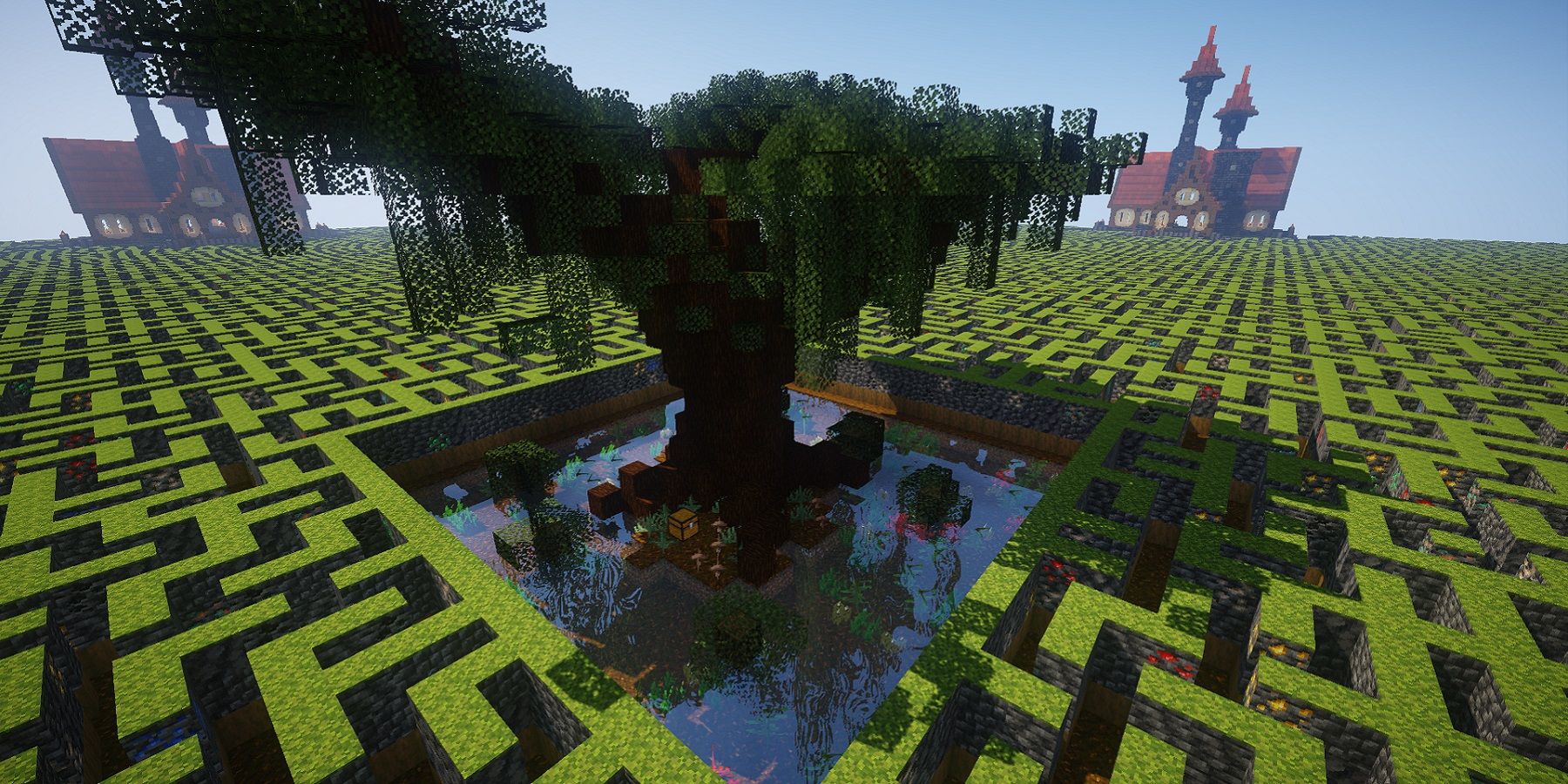 Capture d'écran de Minecraft montrant un labyrinthe géant avec un arbre au milieu.