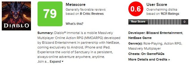 diablo score métacritique immortel