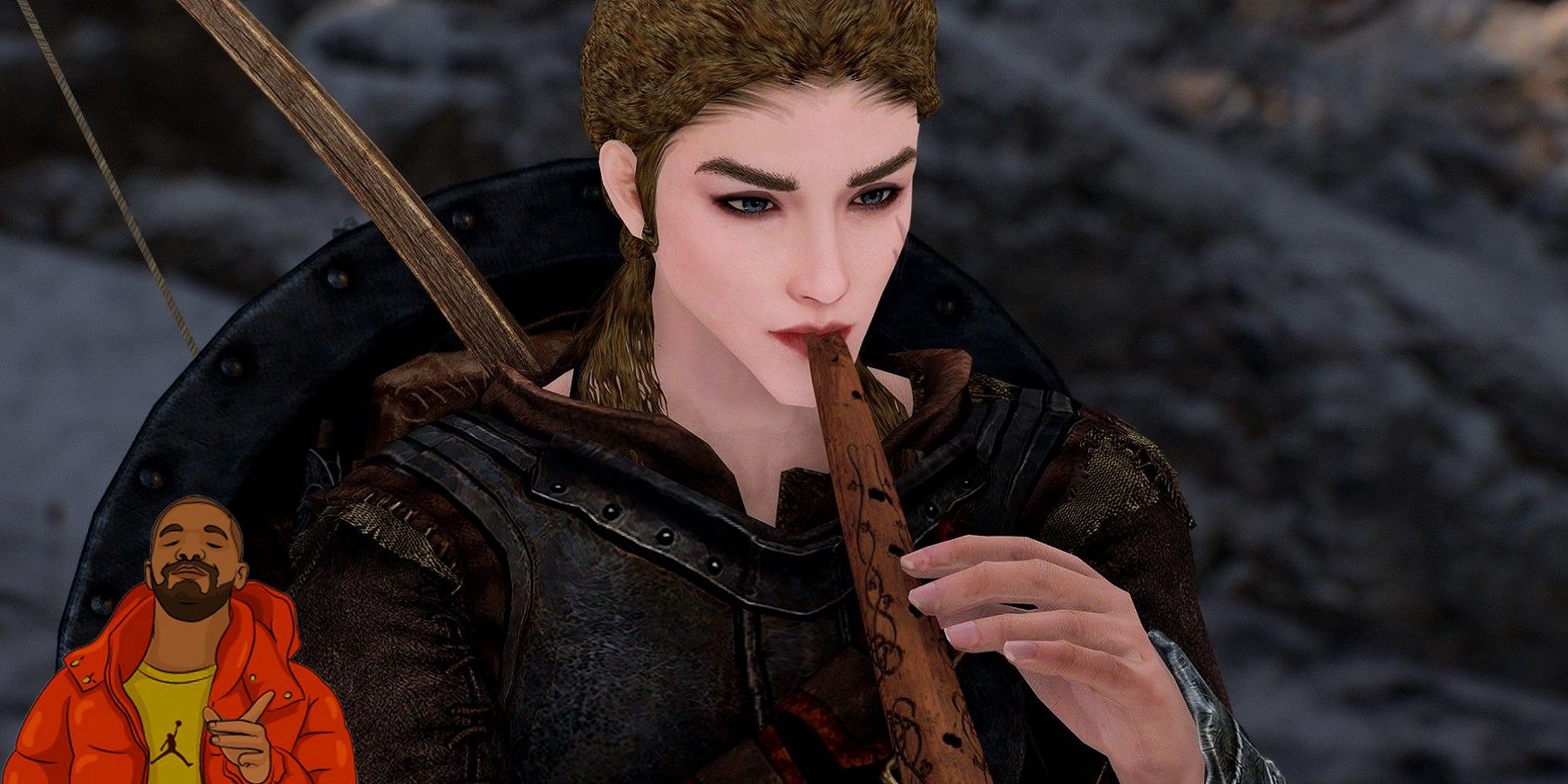 Image de Skyrim montrant une barde jouant correctement de la flûte.