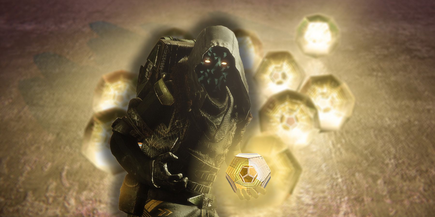 Xur tenant un engramme exotique dans Destiny 2 avec une pile d'engrammes exotiques derrière lui.
