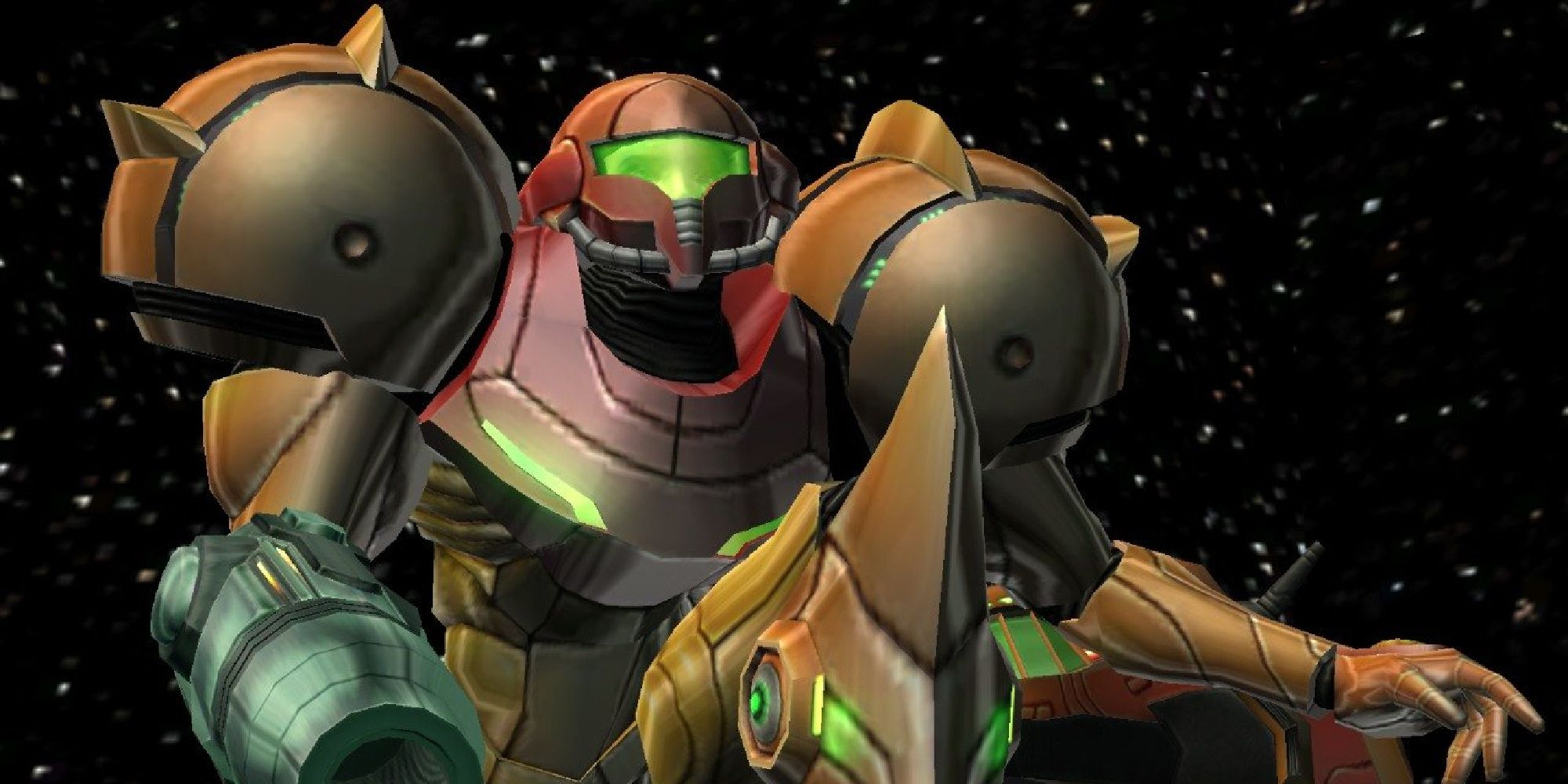 Samus agenouillée dans sa combinaison Varia de Metroid Prime