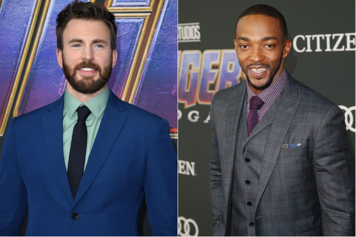 Les acteurs de Captain America Chris Evans et Anthony Mackie.  Dans l'image de gauche, Evans porte une chemise vert clair, un costume bleu et une cravate noire.  Dans l'image de droite, Mackie porte une chemise et une cravate violettes et un costume gris.