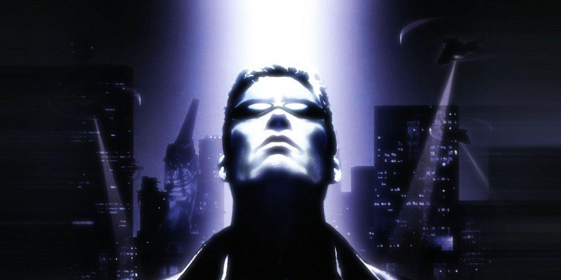 La couverture du Deus Ex original montrant JC Denton regardant une lumière rayonnant vers le bas.