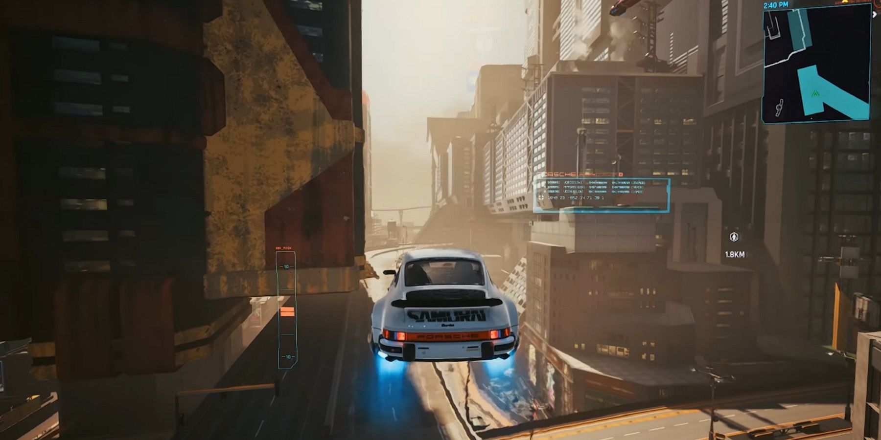 Capture d'écran de Cyberpunk 2077 montrant une voiture survolant Night City.