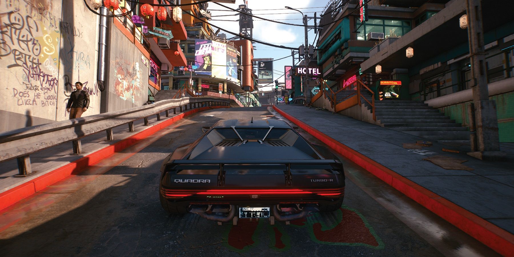 Image de Cyberpunk 2077 montrant une voiture roulant sur une route.