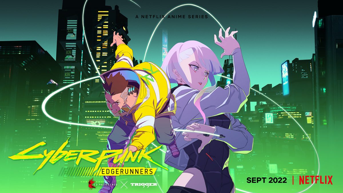 Le teaser artistique clé de Cyberpunk: Edgerunners montre des personnages d'anime colorés avec les bras écartés.