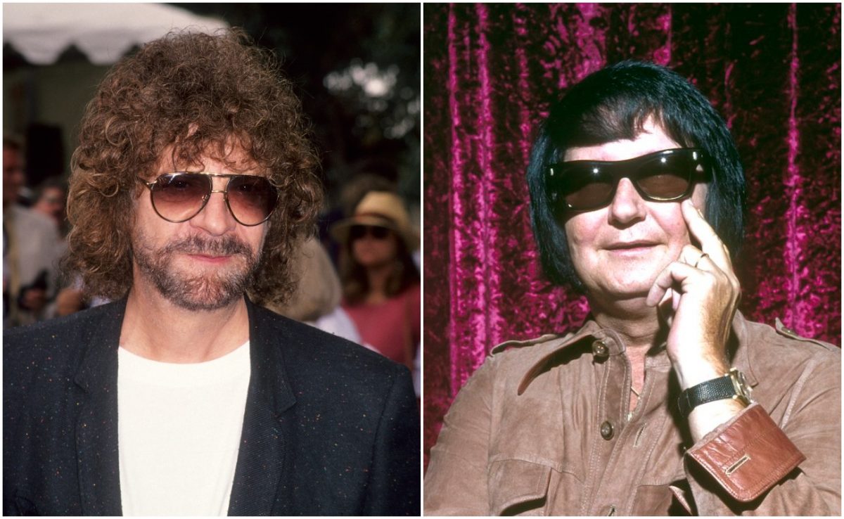 Jeff Lynne lors d'un événement en 1994 et Roy Orbison dans une tenue beige en 1977.
