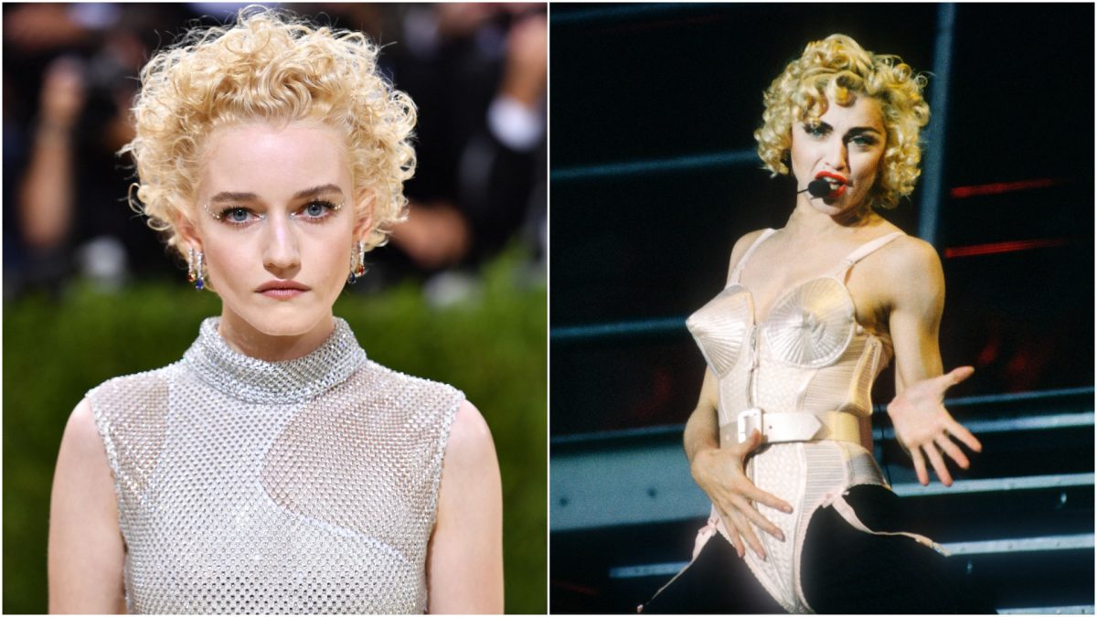 Photos côte à côte de Julia Garner en argent et avec des cheveux bouclés au Met Gala 2021 et Madonna lors de sa tournée Blonde Ambition