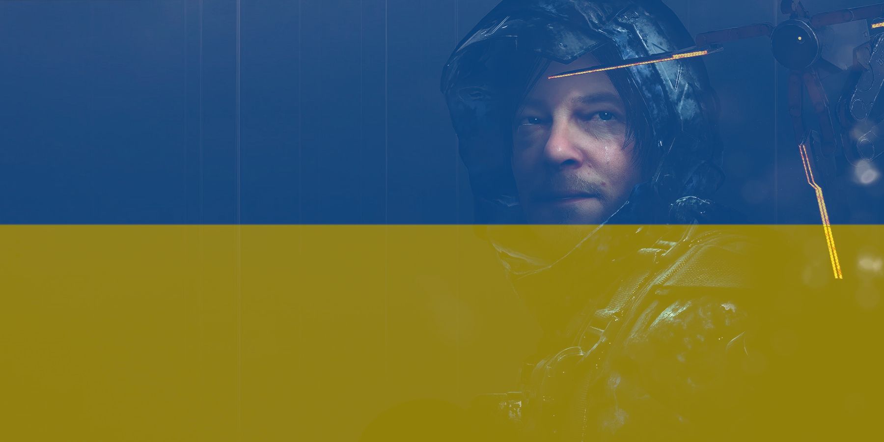 Image montrant Norman Reedus dans Death Stranding avec les couleurs ukrainiennes sur le dessus.