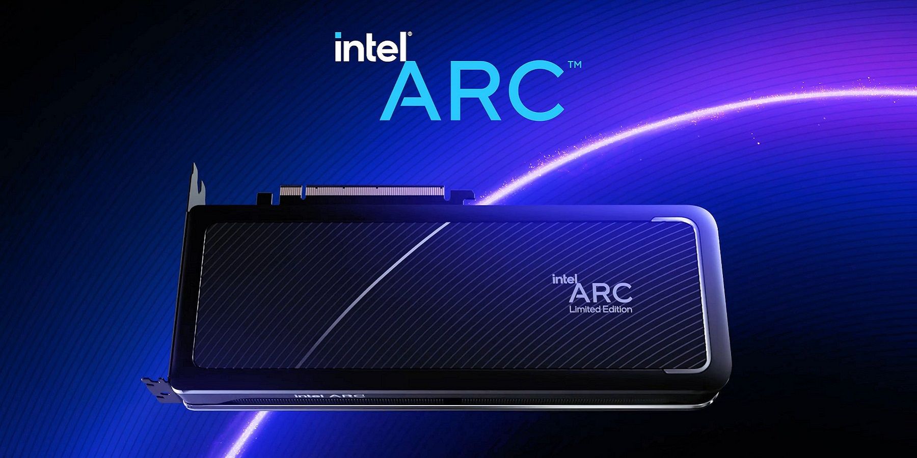 Image d'une carte graphique de bureau Intel Arc sur un fond bleu flashy.