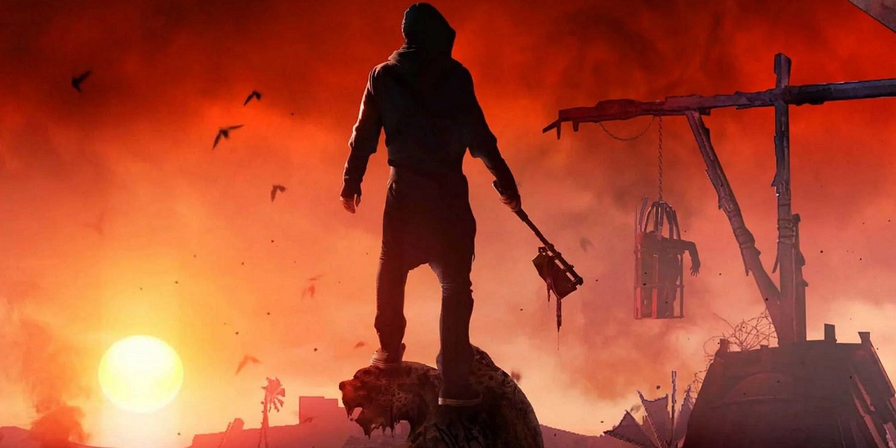 Image de Dying Light 2 montrant une silhouette du joueur se tenant au sommet d'une gargouille au coucher du soleil.