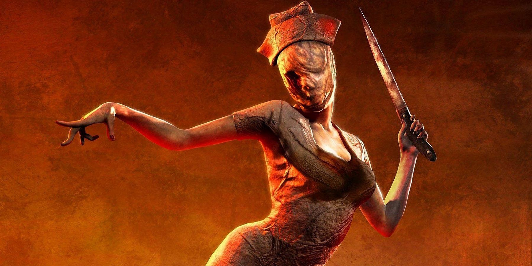 Image montrant une infirmière de Silent Hill sur fond orange foncé.