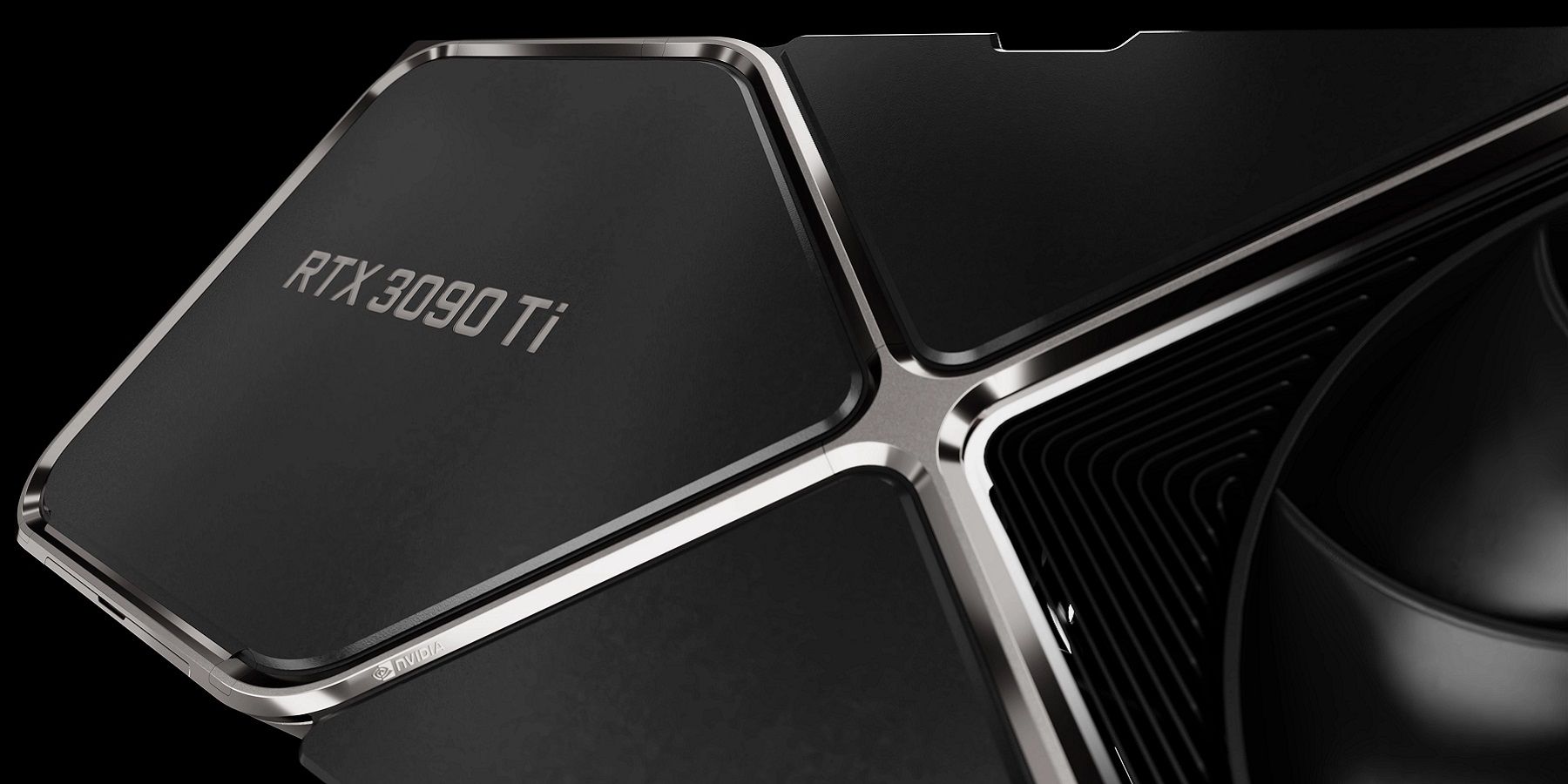 Gros plan d'une carte graphique Nvidia RTX 3090 Ti sur fond noir.
