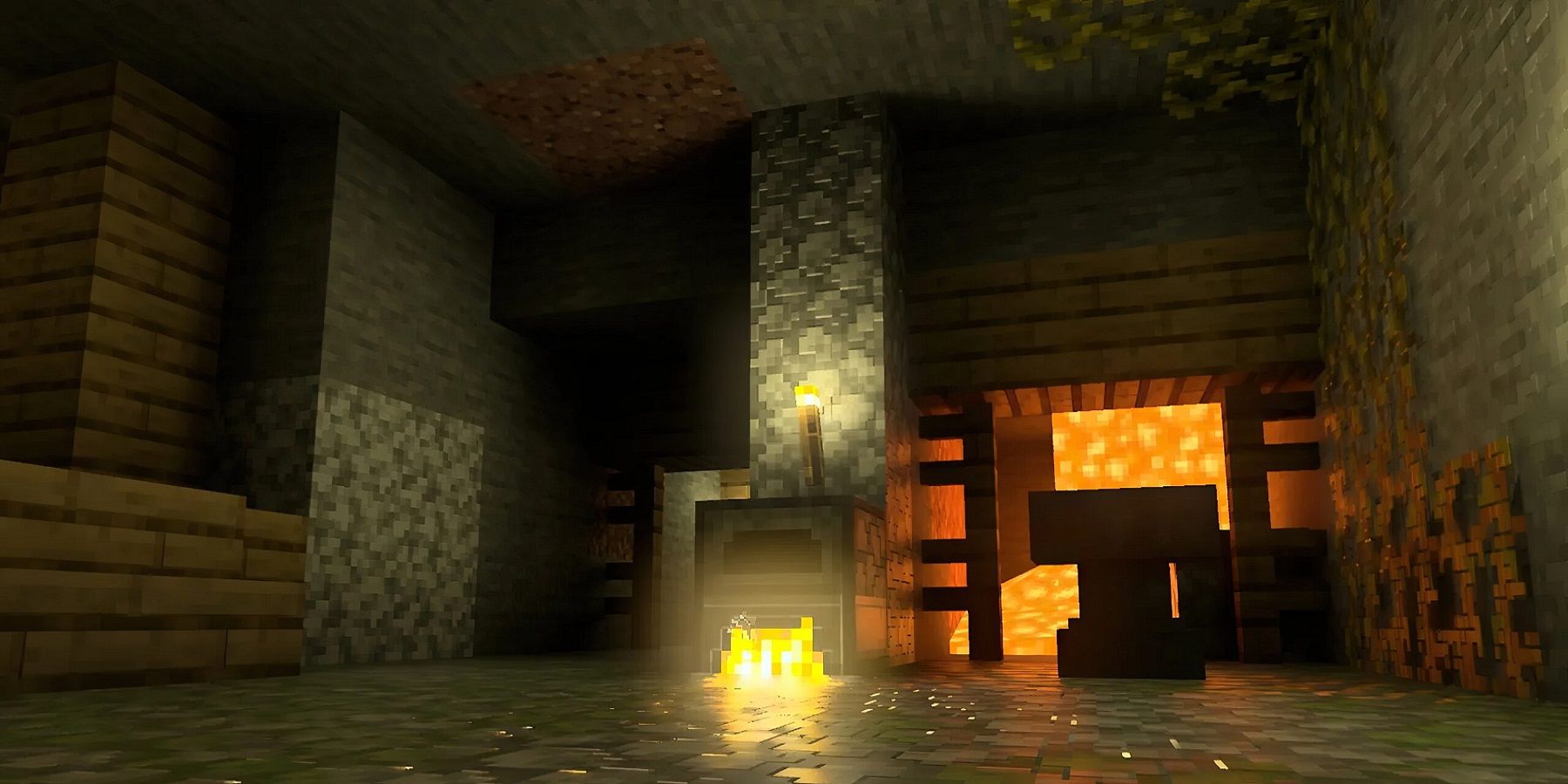 Capture d'écran de Minecraft montrant une section souterraine éclairée avec un éclairage RTX.