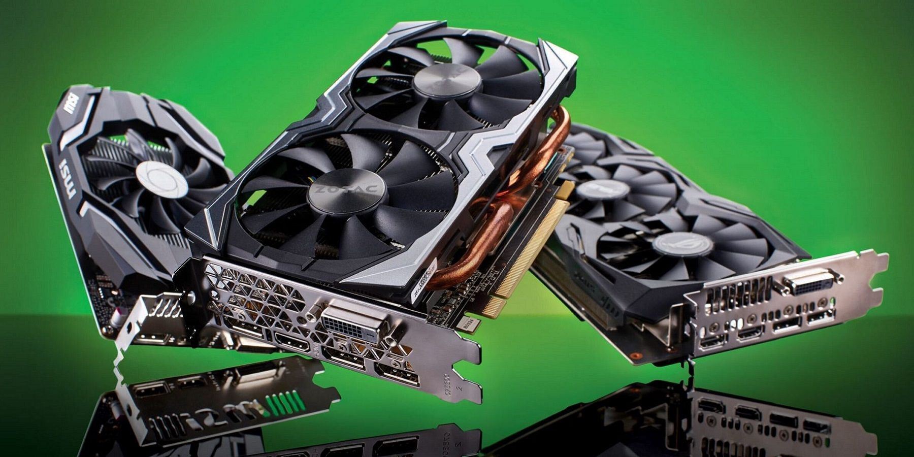 Une image montrant des cartes graphiques AMD et Nvidia flottantes sur un fond vert.