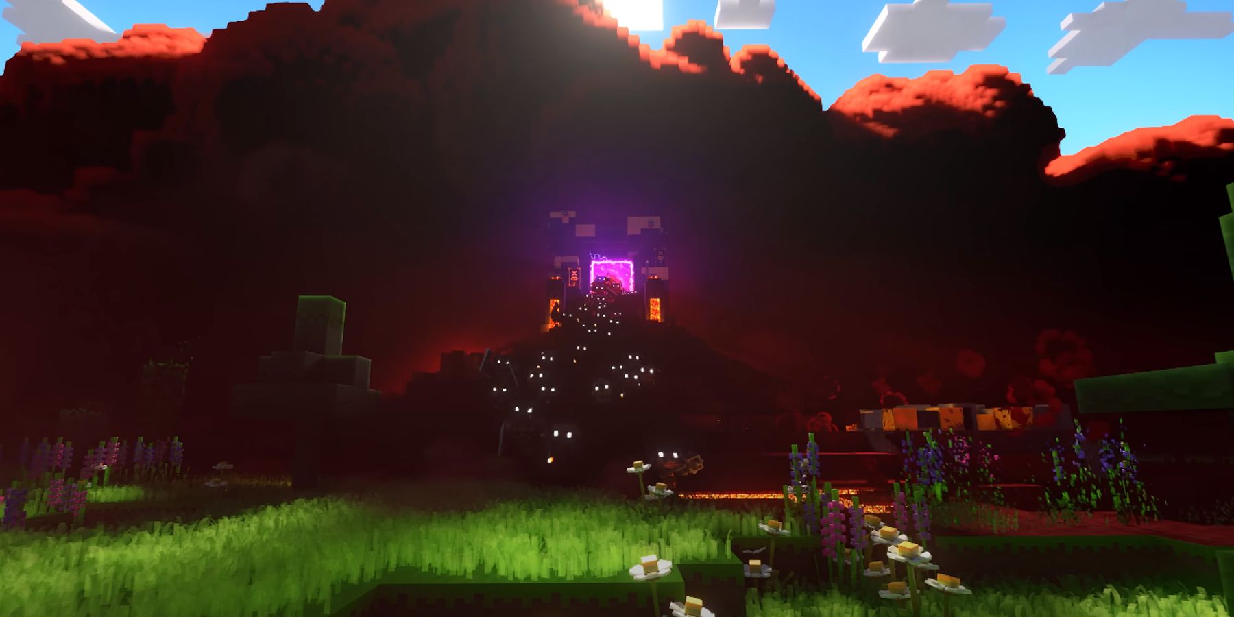 Des piglins émergent d'un portail du Nether dans Minecraft