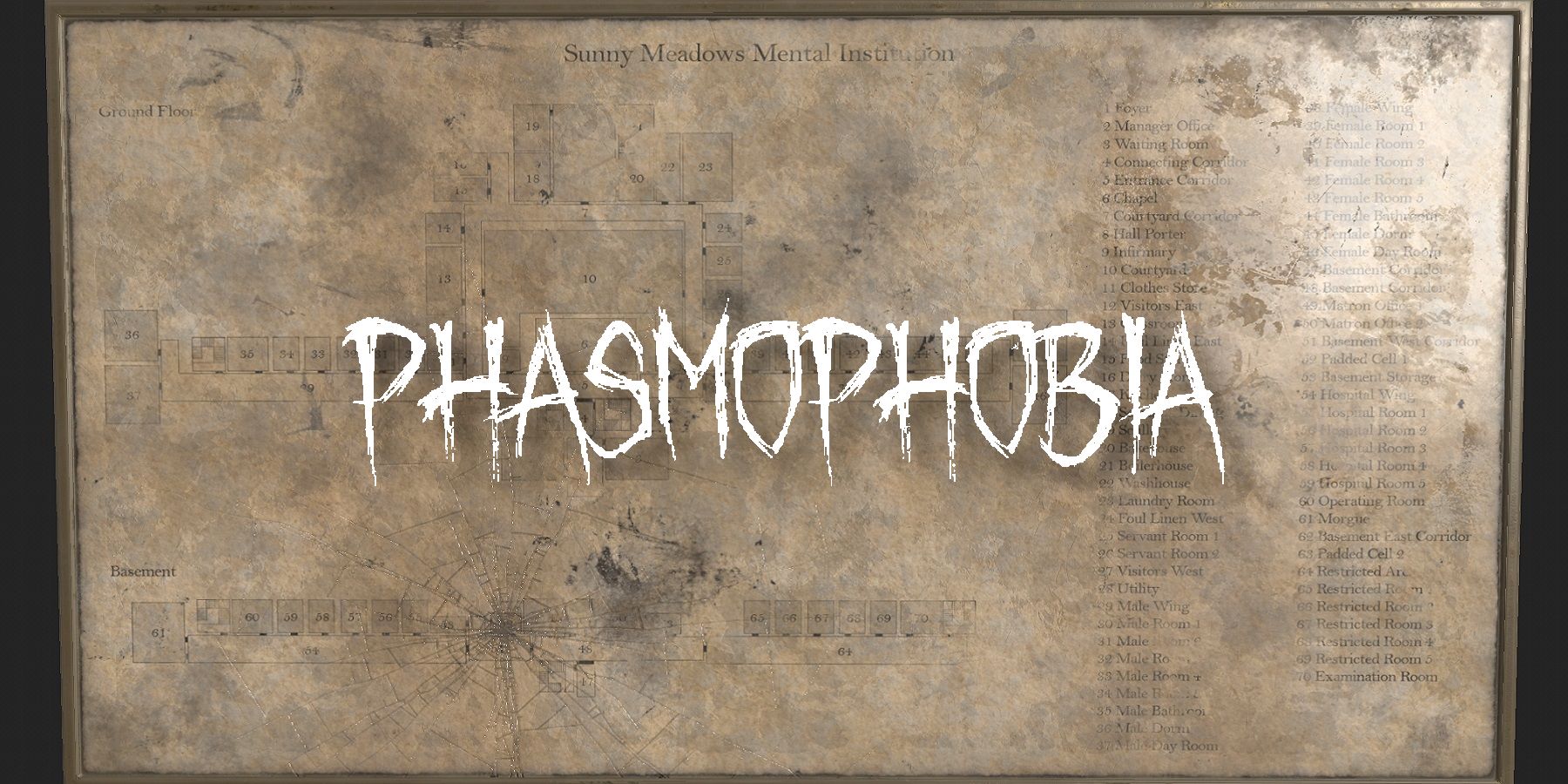 Une image d'une carte en décomposition avec le logo Phasmophobia devant.
