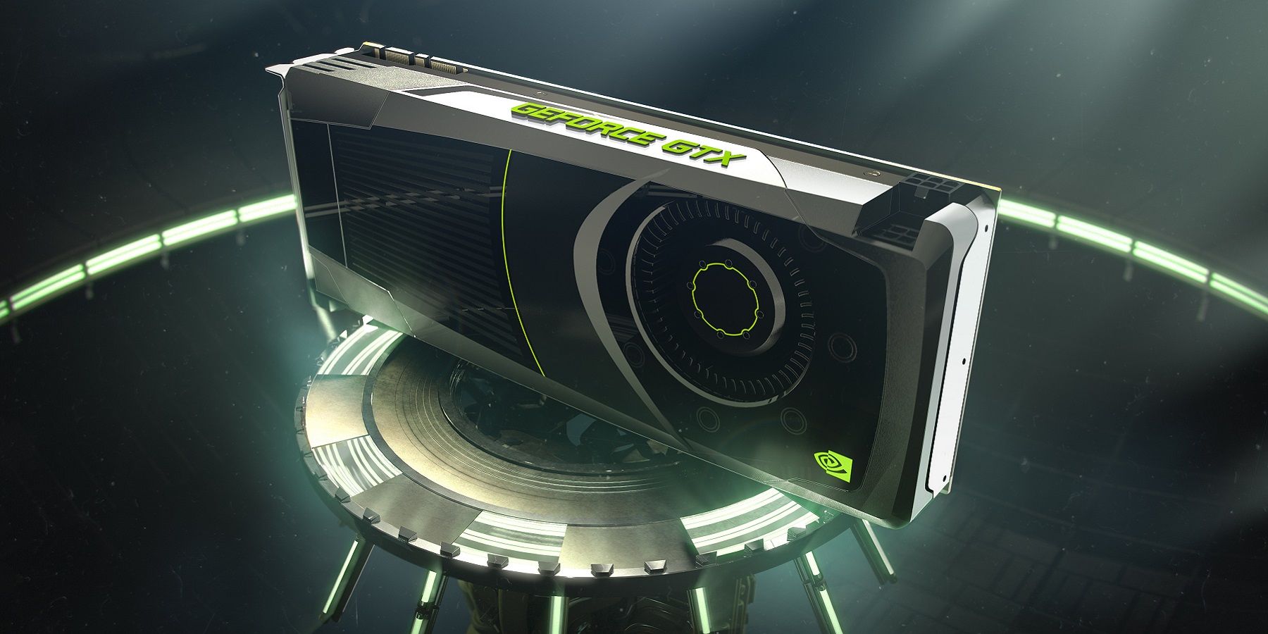 Image d'une carte graphique Nvidia GeForce GTX sur une plate-forme futuriste.