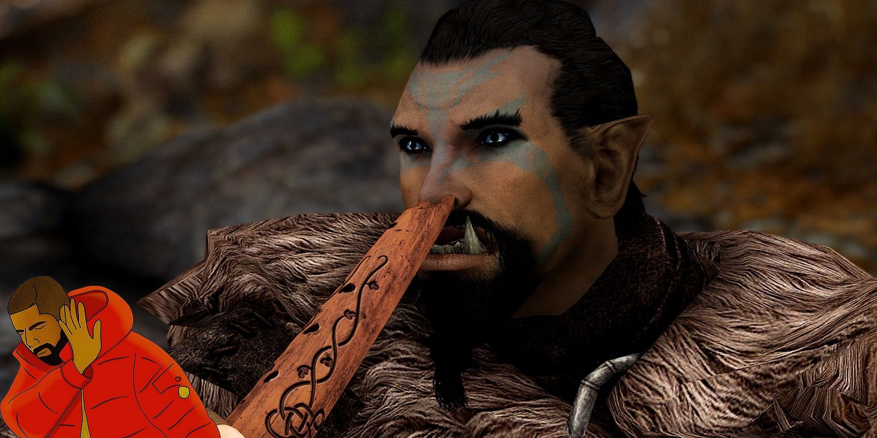 Image de Skyrim montrant un barde orc avec une flûte dans le nez.