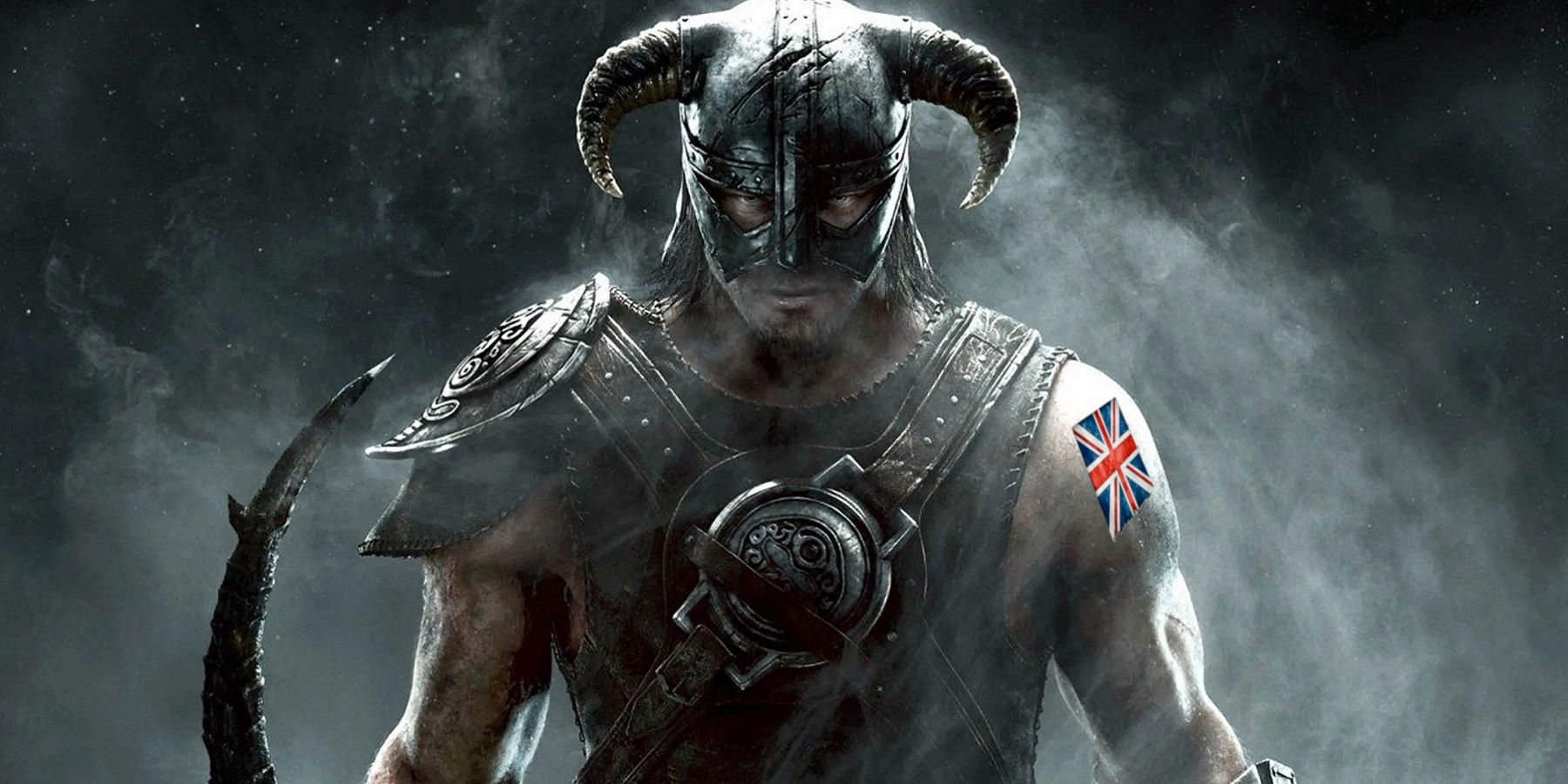 Image du héros Skyrim Dragonborn avec un tatouage Union Jack sur un bras.