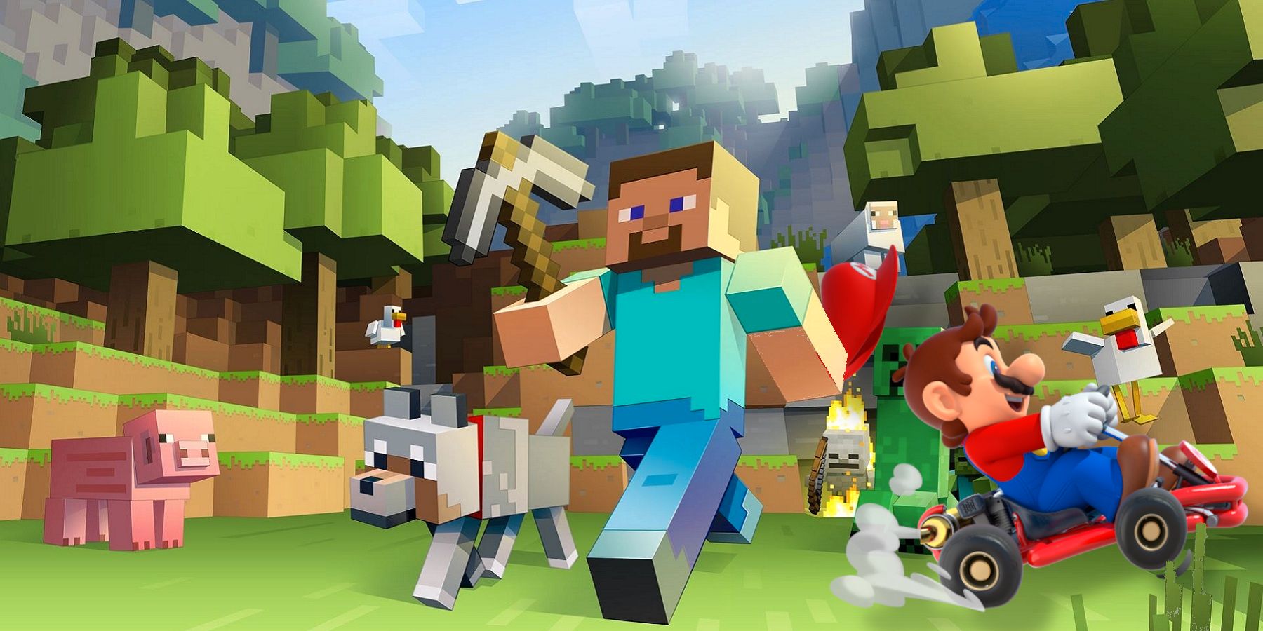 Image montrant des personnages de Minecraft mais aussi Mario zoomant vers la droite dans un kart.