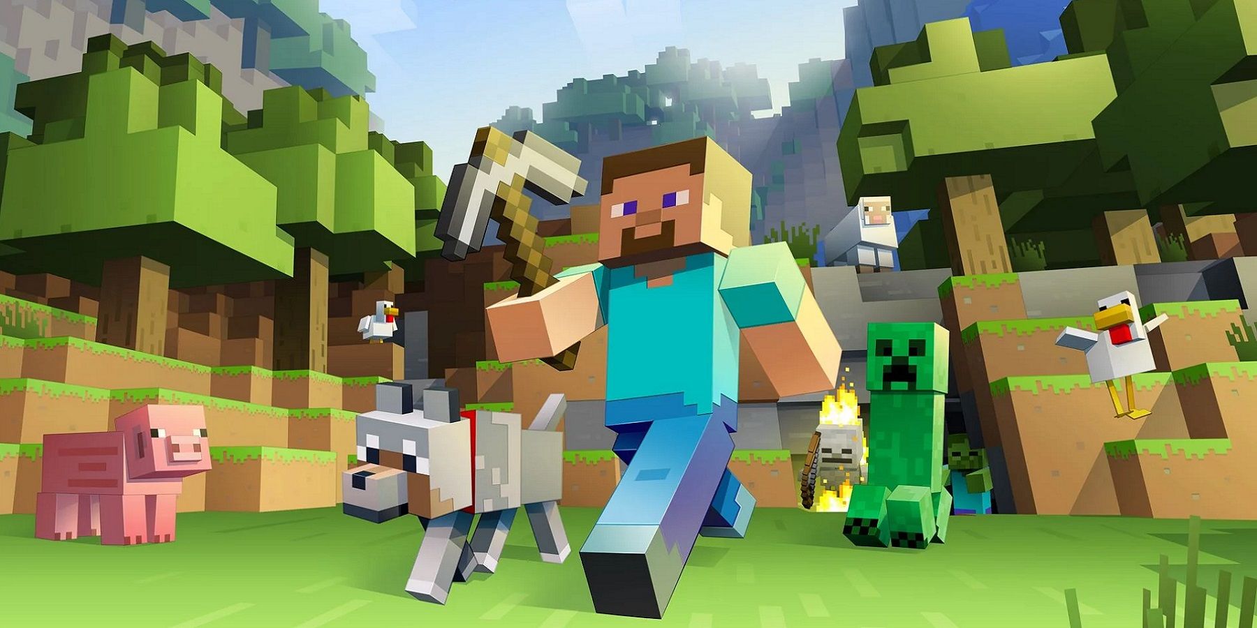 Image de Minecraft montrant Minecraft Steve avec un tas de foules autour de lui.