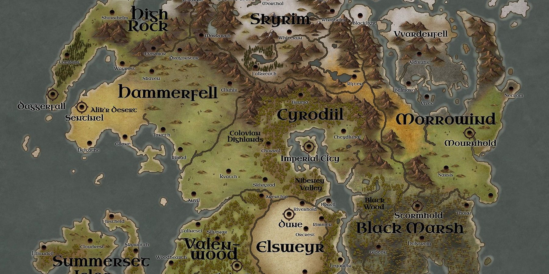 Une image de la carte de Tamriel de la série The Elder Scrolls.