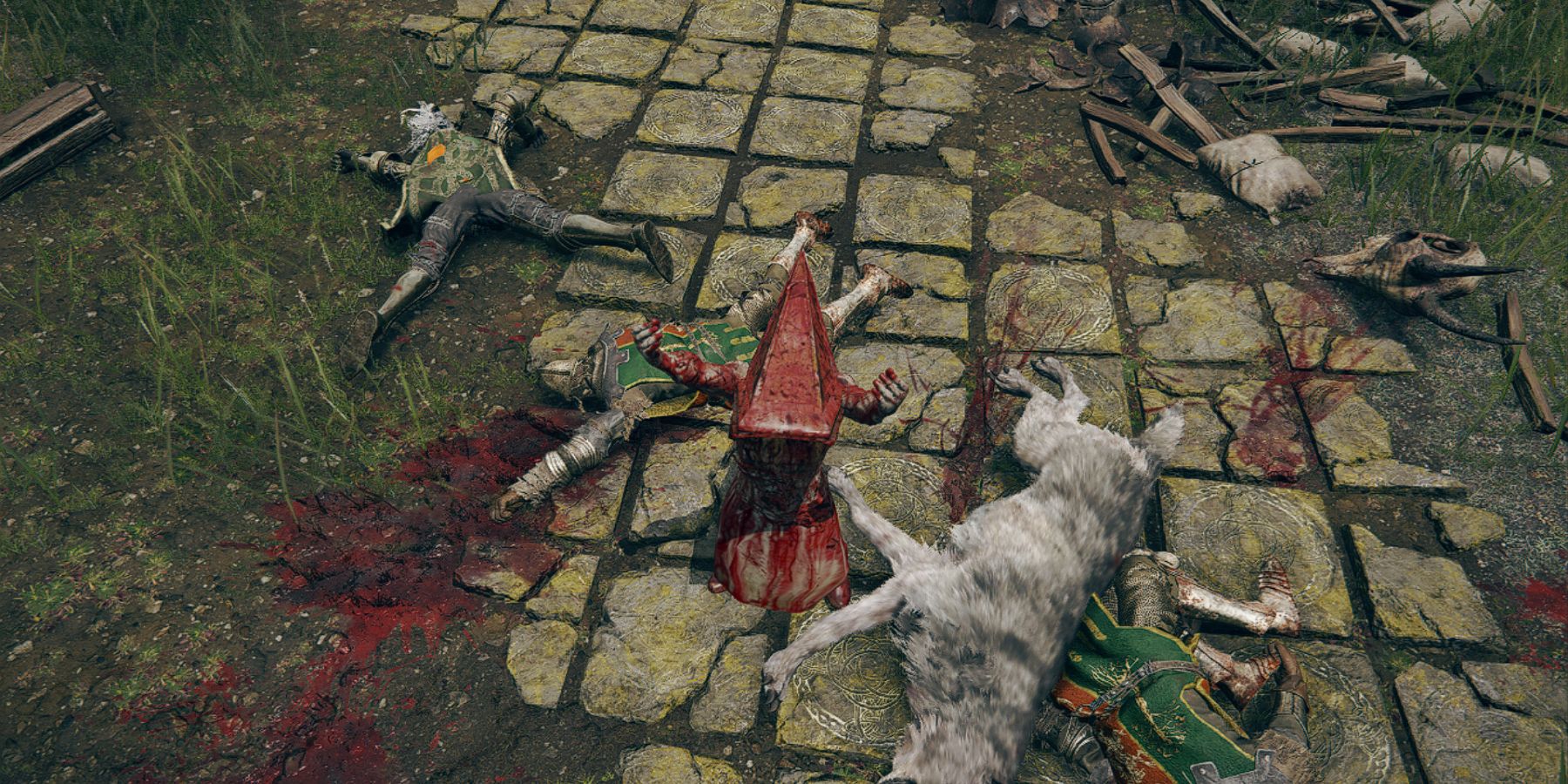 Image d'Elden Ring montrant Pyramid Head se faisant passer pour des cadavres allongés à ses pieds.