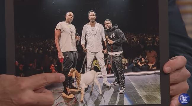 Kevin et la chèvre ont été rejoints sur scène par Dave Chappelle et Chris Rock. Crédit : BNC