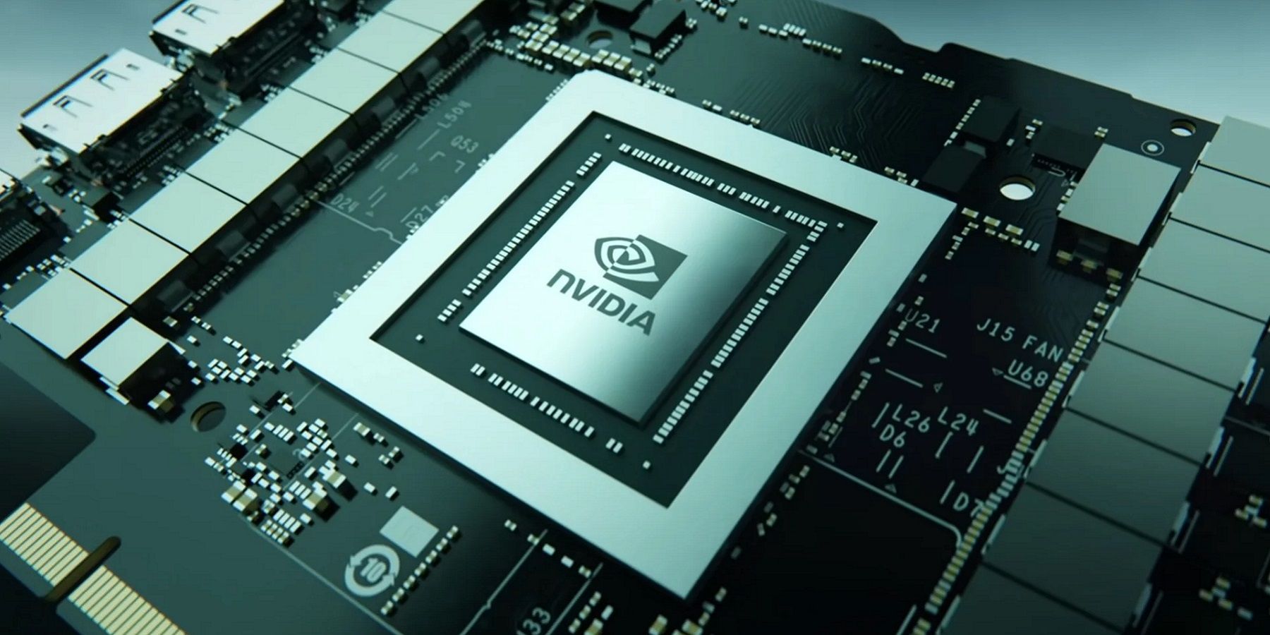 Image d'une puce Nvidia sur une carte mère.