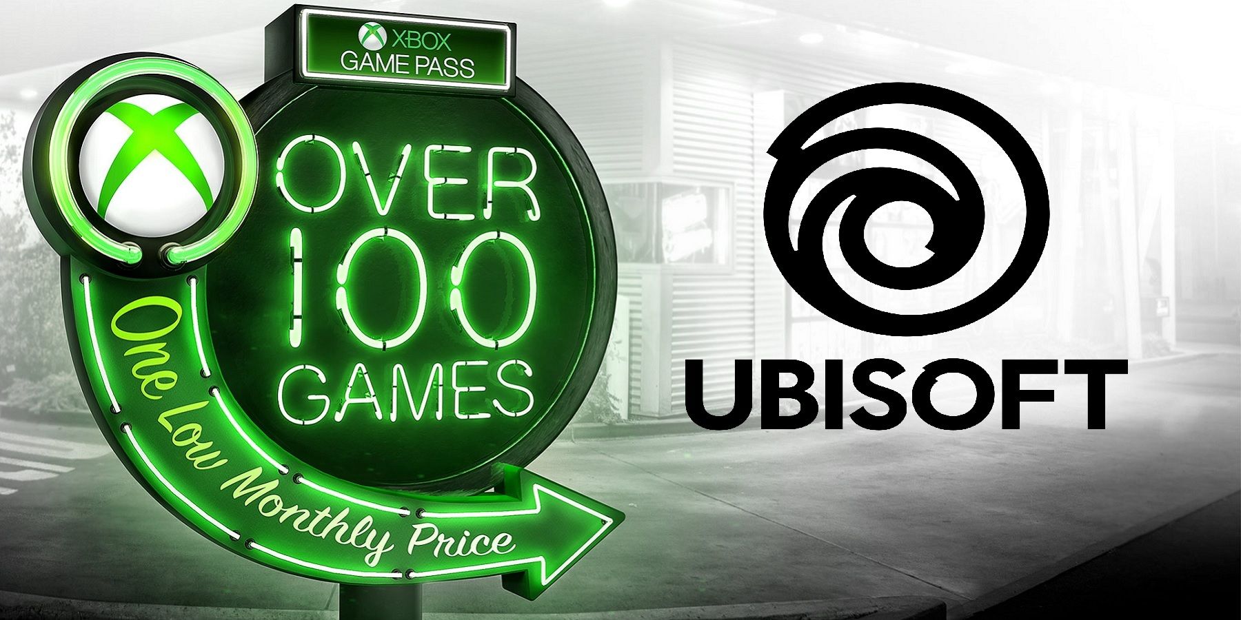 enseigne au néon xbox game pass avec logo ubisoft