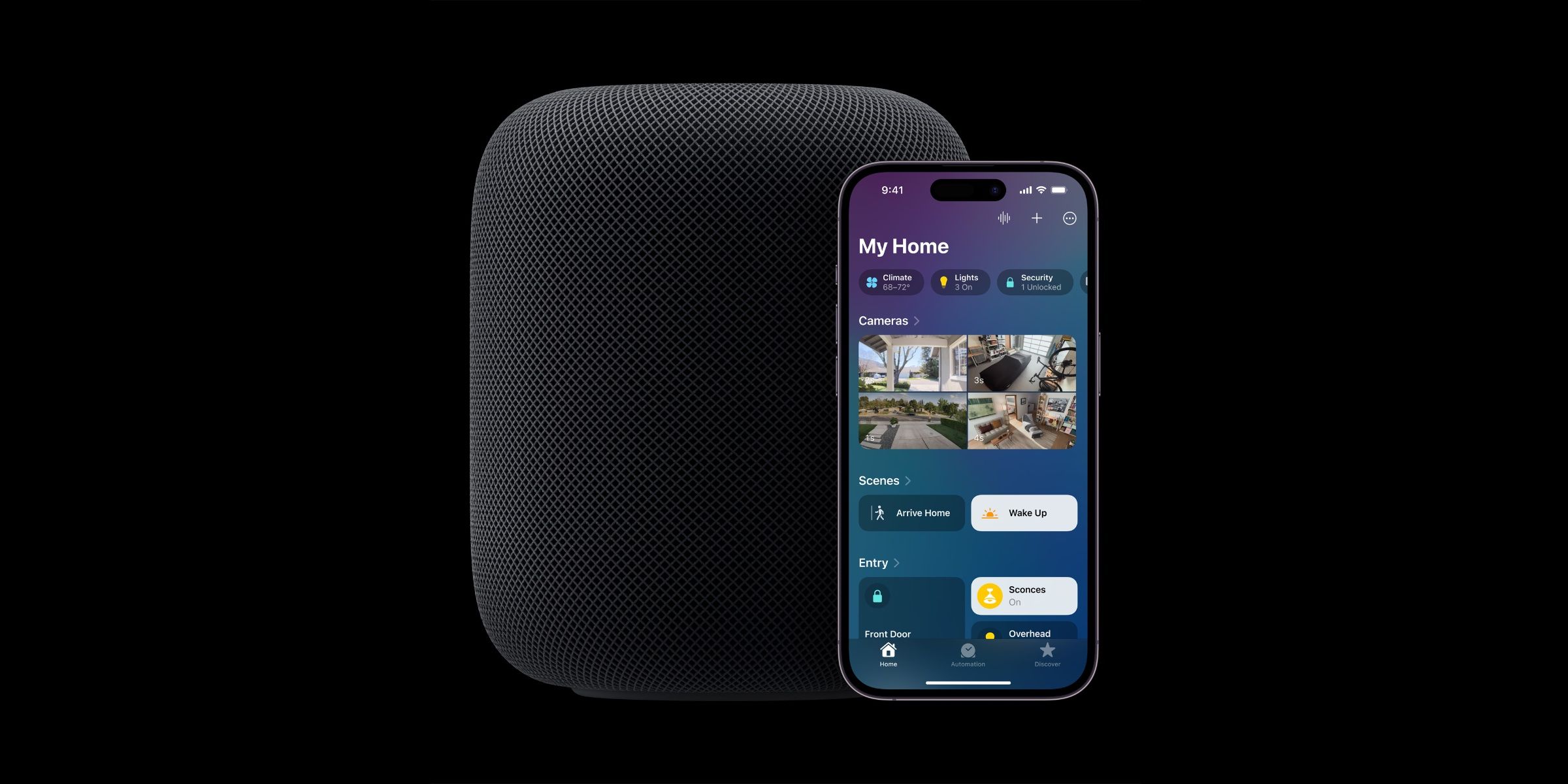 Un HomePod de deuxième génération à côté d'un iPhone avec l'application Home ouverte.