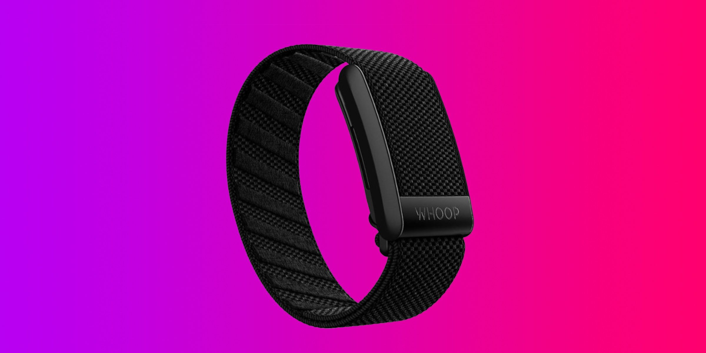 Le Whoop 4.0 sur un fond dégradé violet et rose.