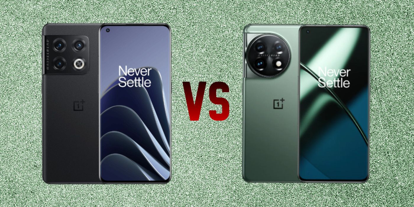 Un OnePlus 10 Pro noir à côté d'un OnePlus 11 vert, avec les lettres « VS » entre eux.  Le fond est blanc avec un bruit vert intense