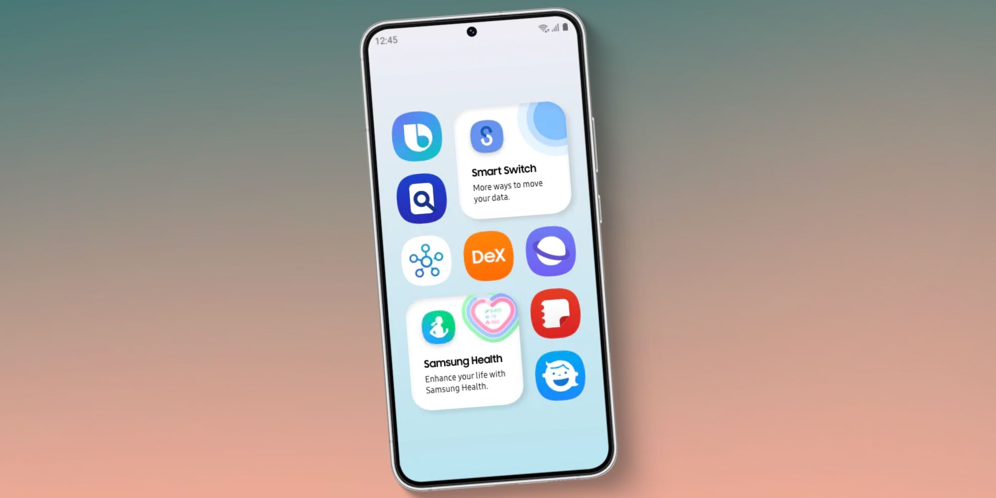 Le Galaxy S23 affichant diverses icônes d'application sur un fond dégradé