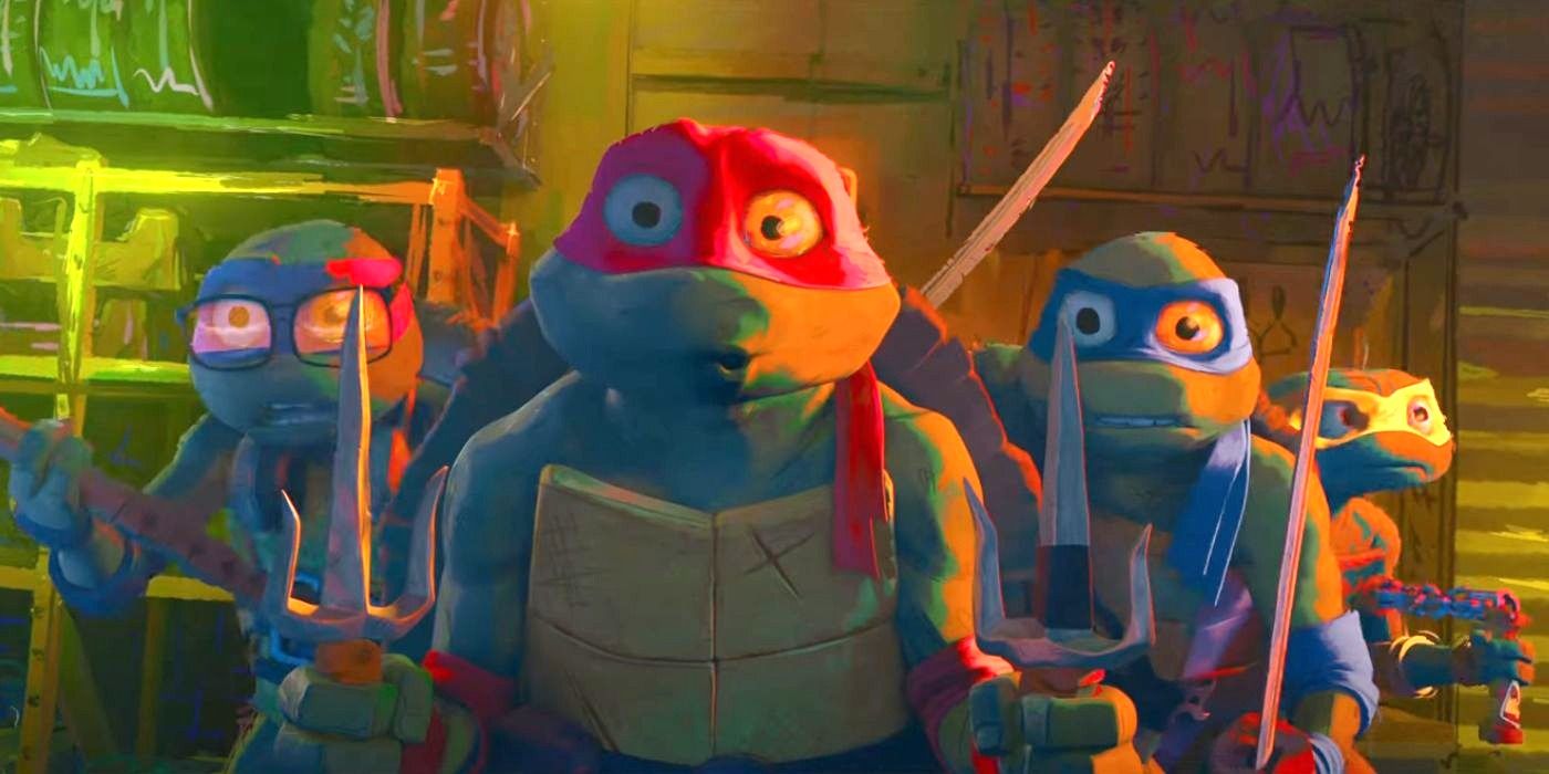 Michelangelo, Leonardo, Donatello et Raphaël dans Teenage Mutant Ninja Turtles : Mutant Mayhem