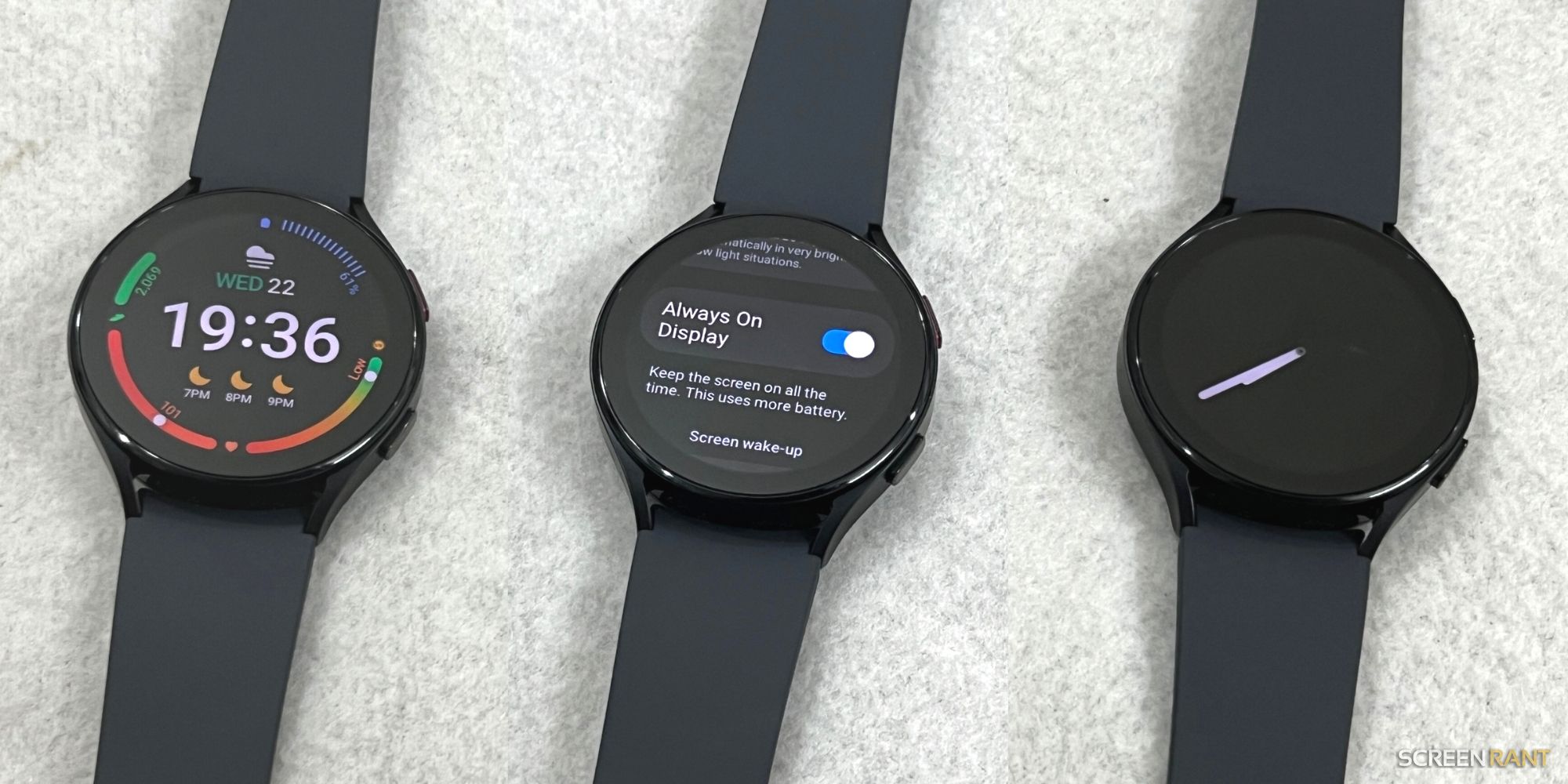 Image de la Samsung Galaxy Watch 5 avec la possibilité d'activer l'affichage permanent dessus