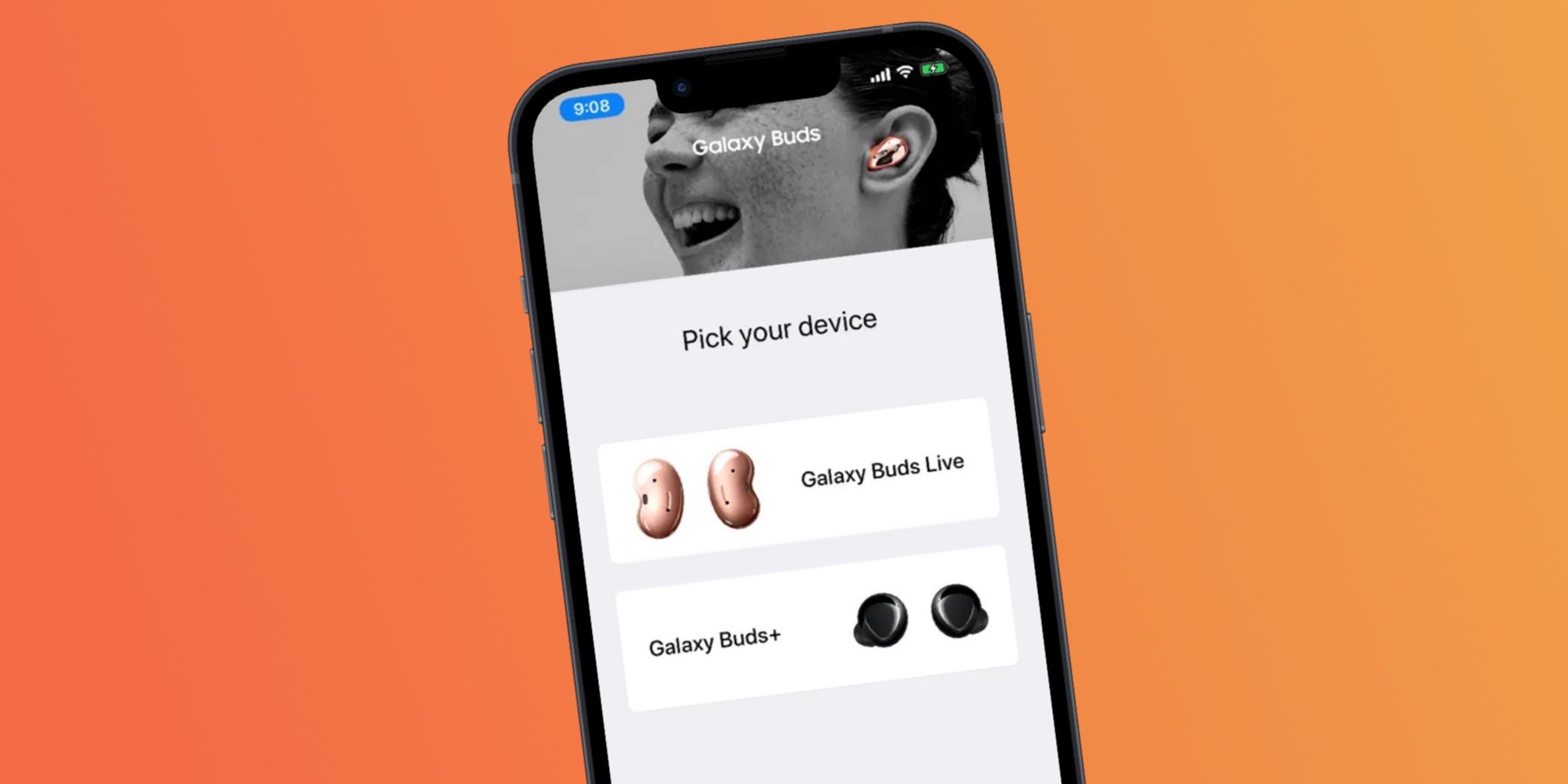 Application officielle Galaxy Buds sur un iPhone sur fond dégradé