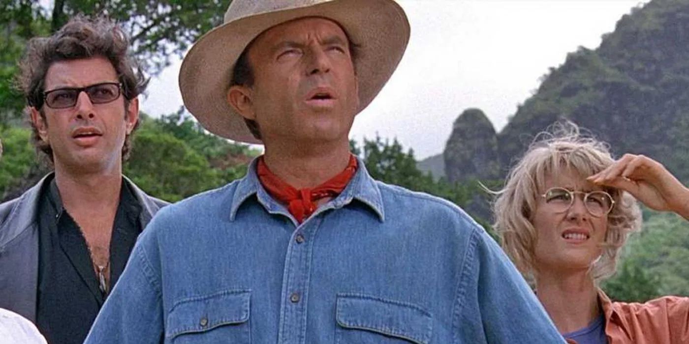 Jeff Goldblum en tant que Dr Ian Malcolm, Sam Neill en tant que Dr Alan Grant et Laura Dern en tant que Dr Ellie Sattler dans Jurassic Park