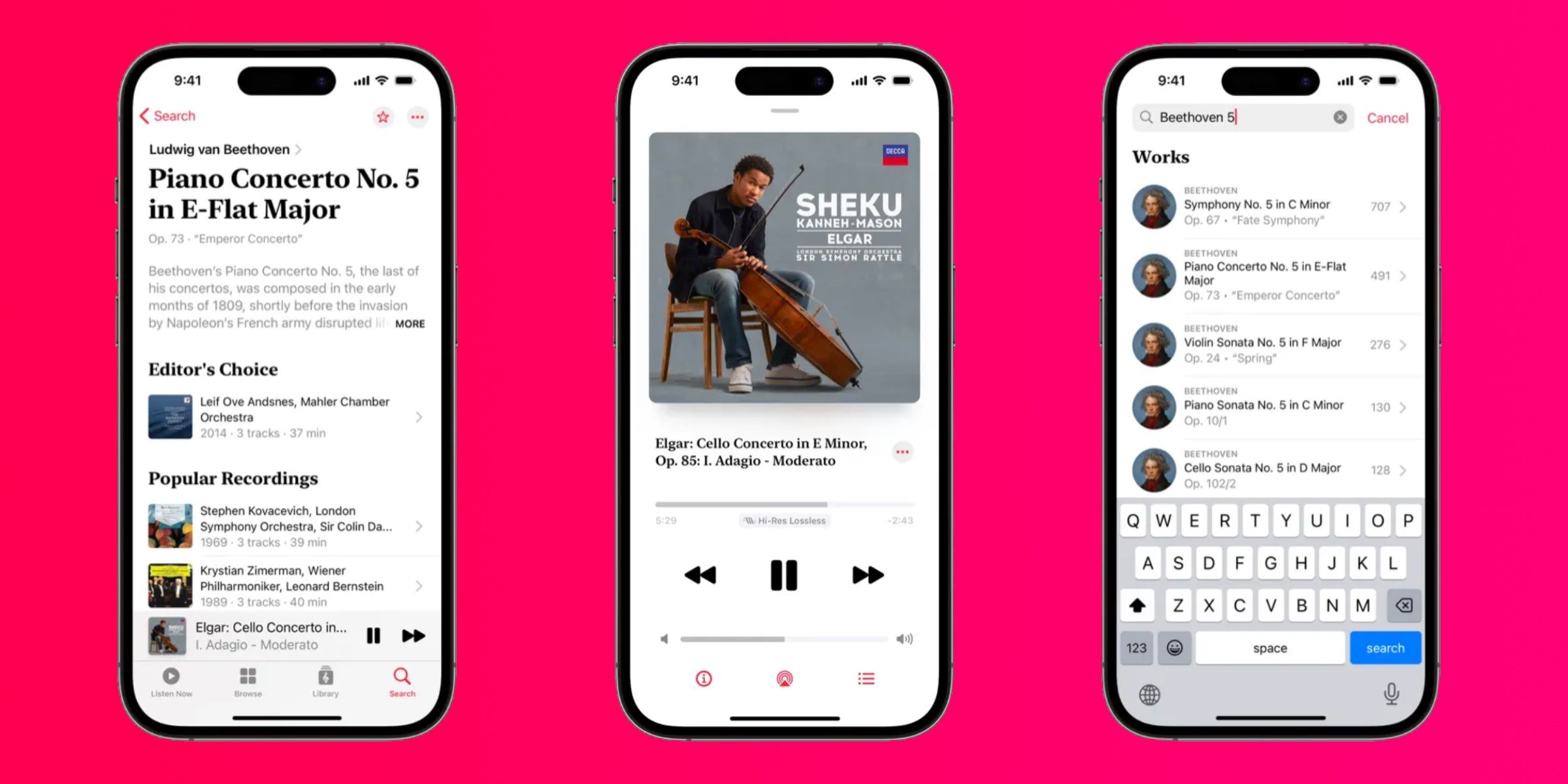 Trois écrans affichant différentes pages d'application dans Apple Music Classical.